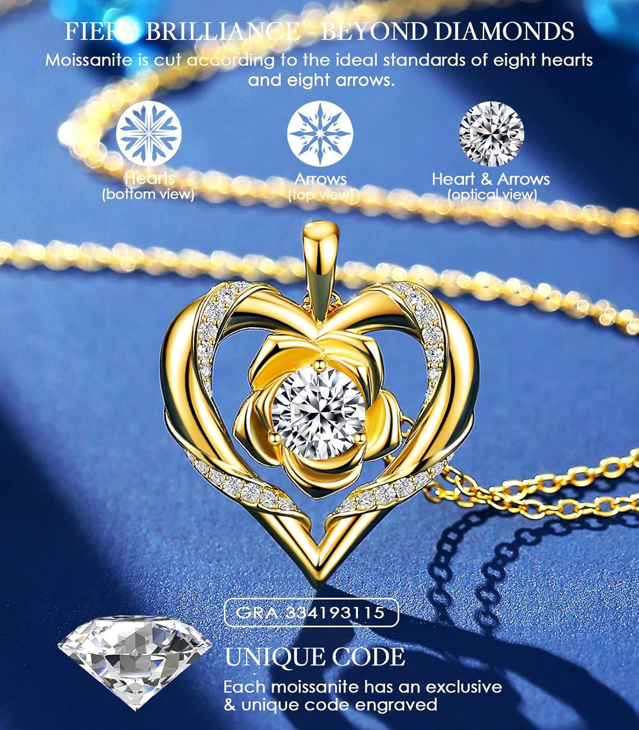 Beam & Bask Rose Flower Heart Moissanite Necklaces for Wife, S925 Silver Pendant for Women, 18K Gold Plated Jewelry for Her Girlfriend Mom for Anniversary Birthday - Image 5