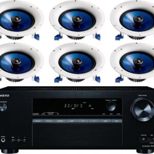 Onkyo 5.2 Channel Full 4K Bluetooth AV Home Theater Receiver + Yamaha Natural High-Performance Moisture Resistant 2-Way 110 watts Surround Sound in-Ceiling Speaker System (Set of 6)