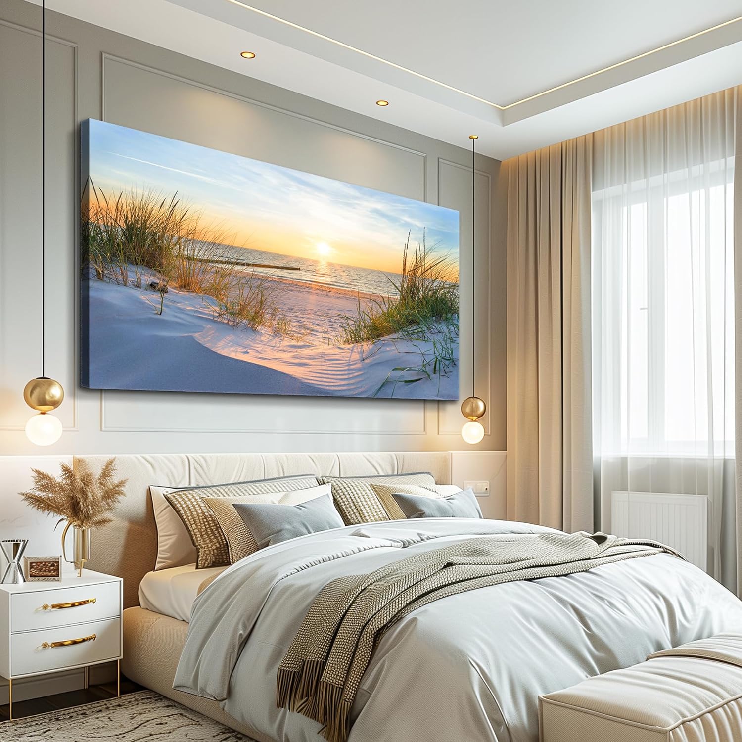 Canvas Wall Art For Living Room Super Large Size Wall Decor For Office Canvas Art Framed Pictures Artwork Blue Sun Beach Grass Ocean Landscape Paintings Bedroom Decor Seascape Draw Home Decorations - Image 4