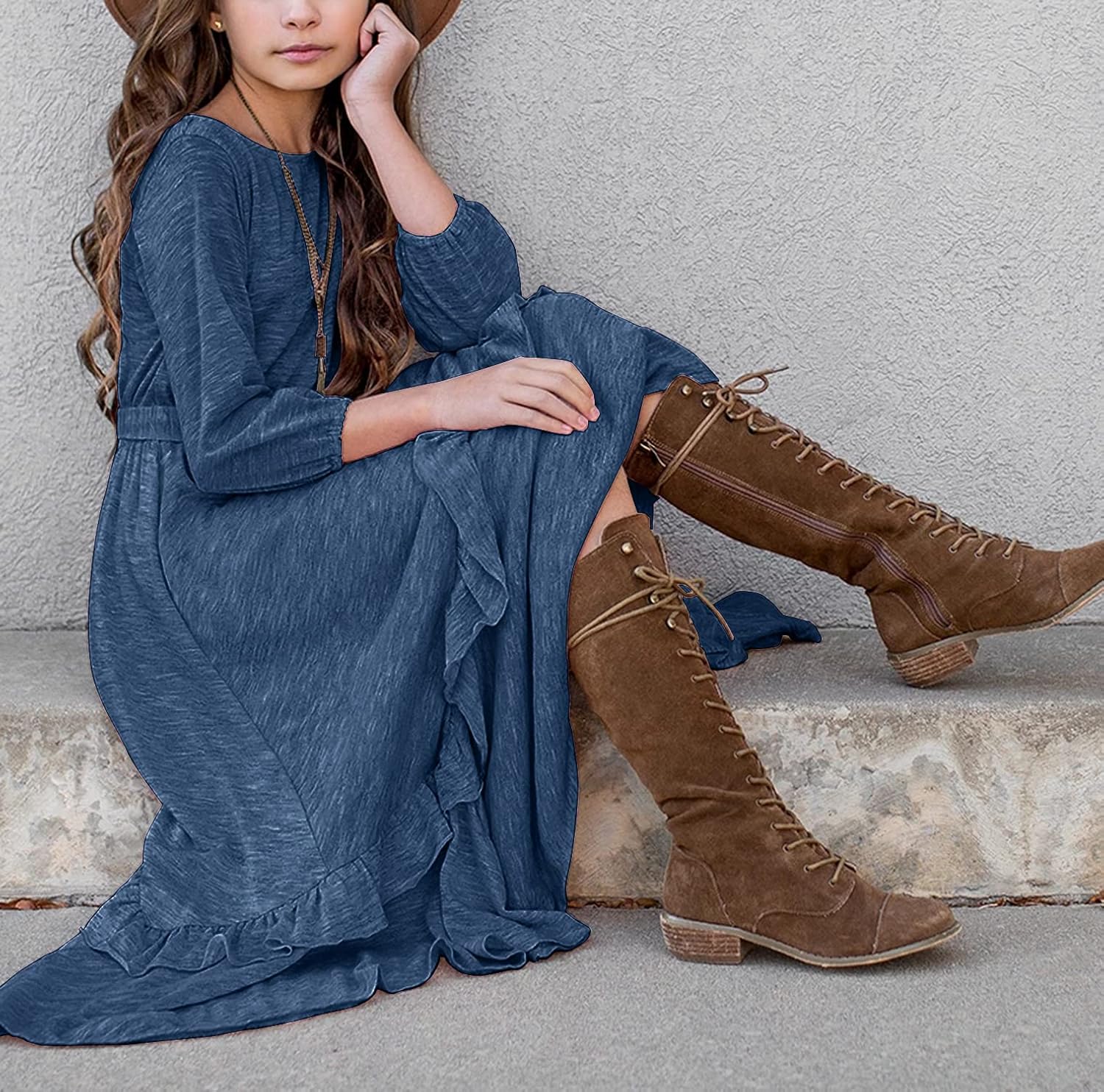 MITILLY Girls Loose Plain 3/4 Sleeve Casual Pocket Ruffle Swing Long Maxi Dress with Belt - Image 4