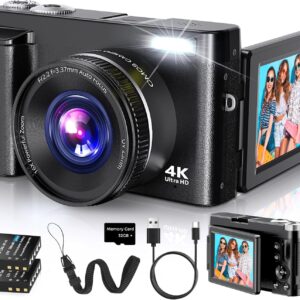 4K Digital Camera for Photography Autofocus, 2026 Latest 48MP Vlogging Camera for YouTube with SD Card, 2 Batteries, 3″ 180°Flip Screen Compact Travel Camera for Teens with 16X Zoom, Anti-Shake,Black