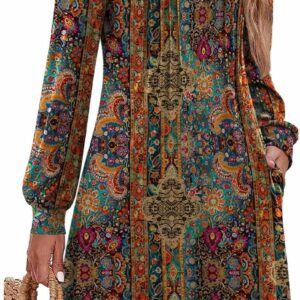 Zeagoo Fall Dresses for Women Long Sleeve Casual Pleated V Neck Dress 2025 A Line Tunic Dress