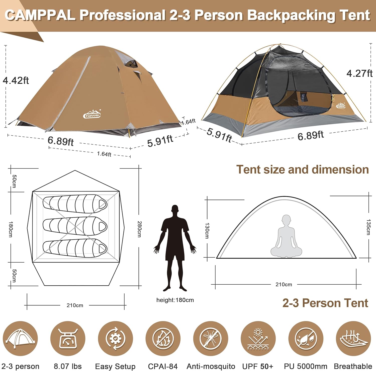 2-3 Person Backpacking Tent with Double Door 2 Vestibule, Waterproof Windproof Lightweight Easy Set Up 3 Season 2 Man Two Person Tent for Camping, Hiking, Motorcycle, Mountaineering with UPF 50+ - Image 6