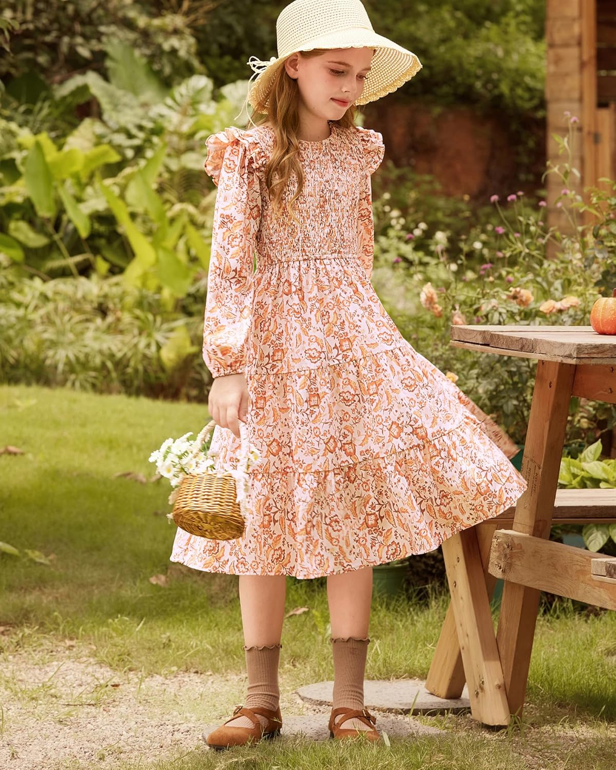 GRACE KARIN Girls Long Sleeve Fall Floral Dress Ruffle Round Neck Smocked Layered Hem - Image 2