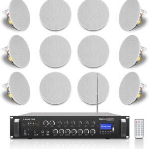 Sound Town Commercial Restaurant Bluetooth Amplifier + in-Ceiling Speaker Set, with One 6-Zone 70V/100V Amplifier with Bluetooth, 12 x Two-Way 6.5-Inch in-Ceiling Speakers, White (PAC180X12CS6N)