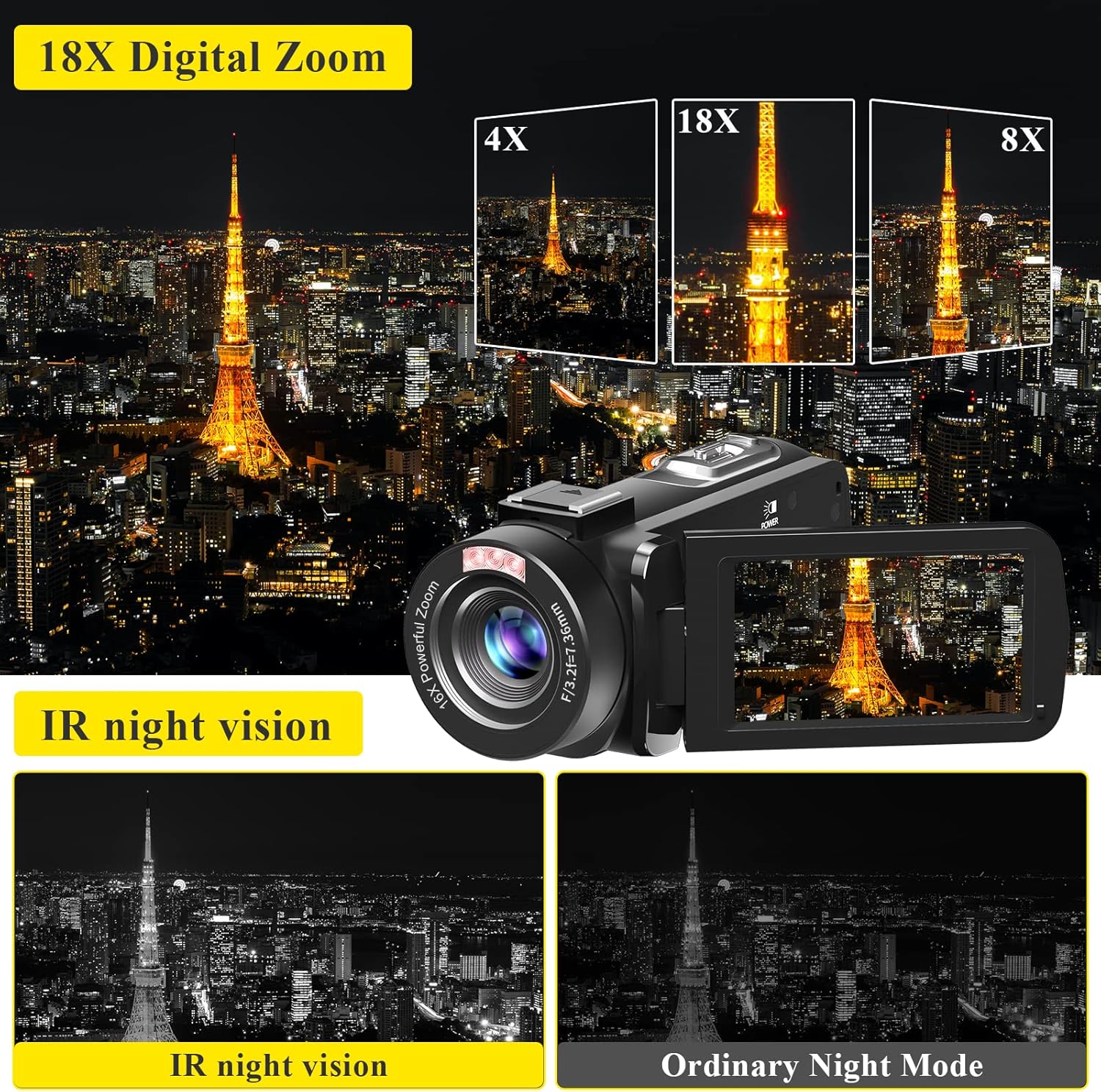 Video Camera, Full HD 1080P 30MP Camcorder, Vlogging Camera for YouTube with Infrared Night Vision, 18X Digital Zoom 3.0“ LCD Screen Digital Camera, Video Recorder with Remote Control and Battery - Image 4