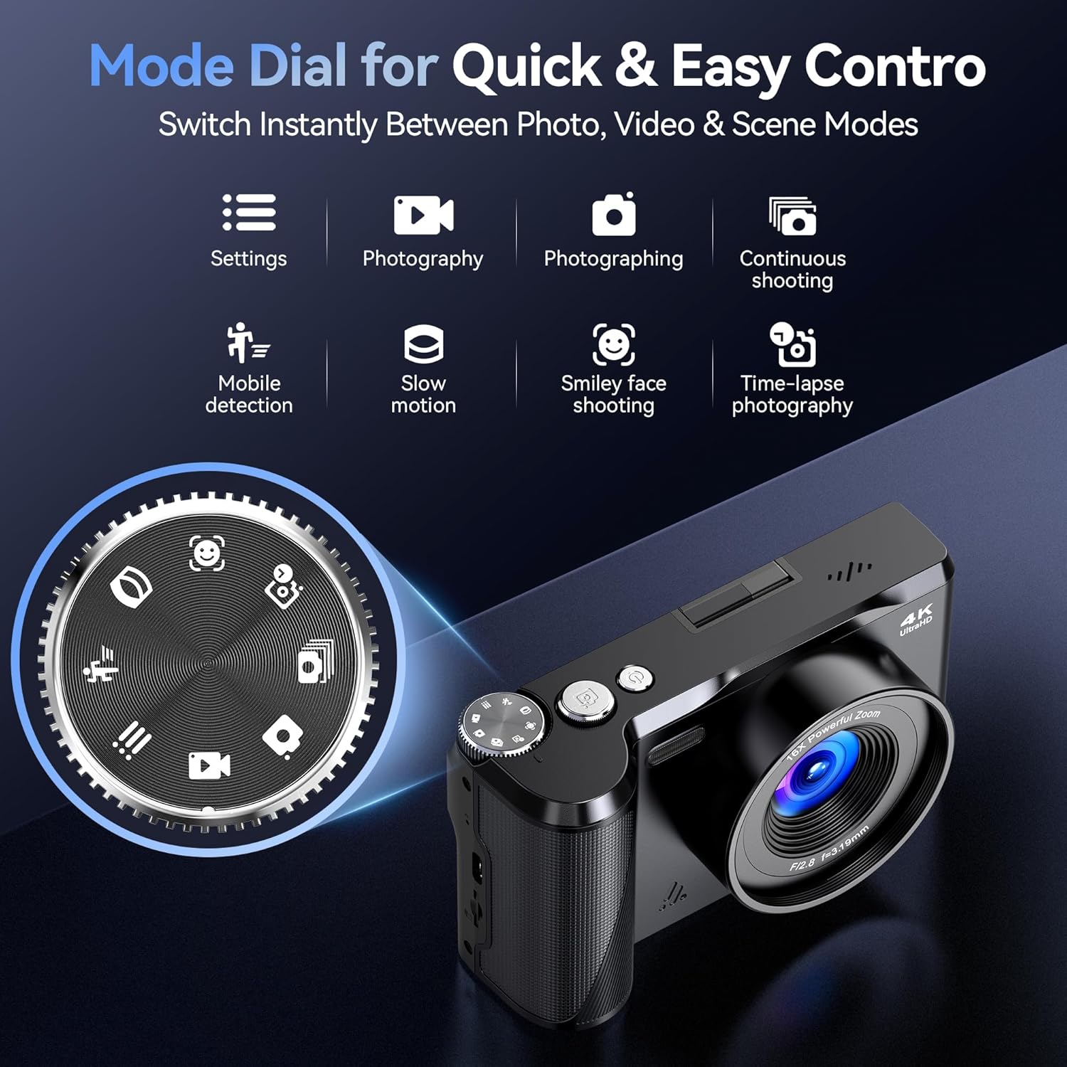 Digital Camera 4K for Photography Vlogging: 56MP Cameras with Mode Dial for Video - 16X Zoom Photo Camera Gifts for Teens Ages 8-16 - 180°Flip Screen Compact Cámara - Point and Shoot Digital Cameras - Image 3