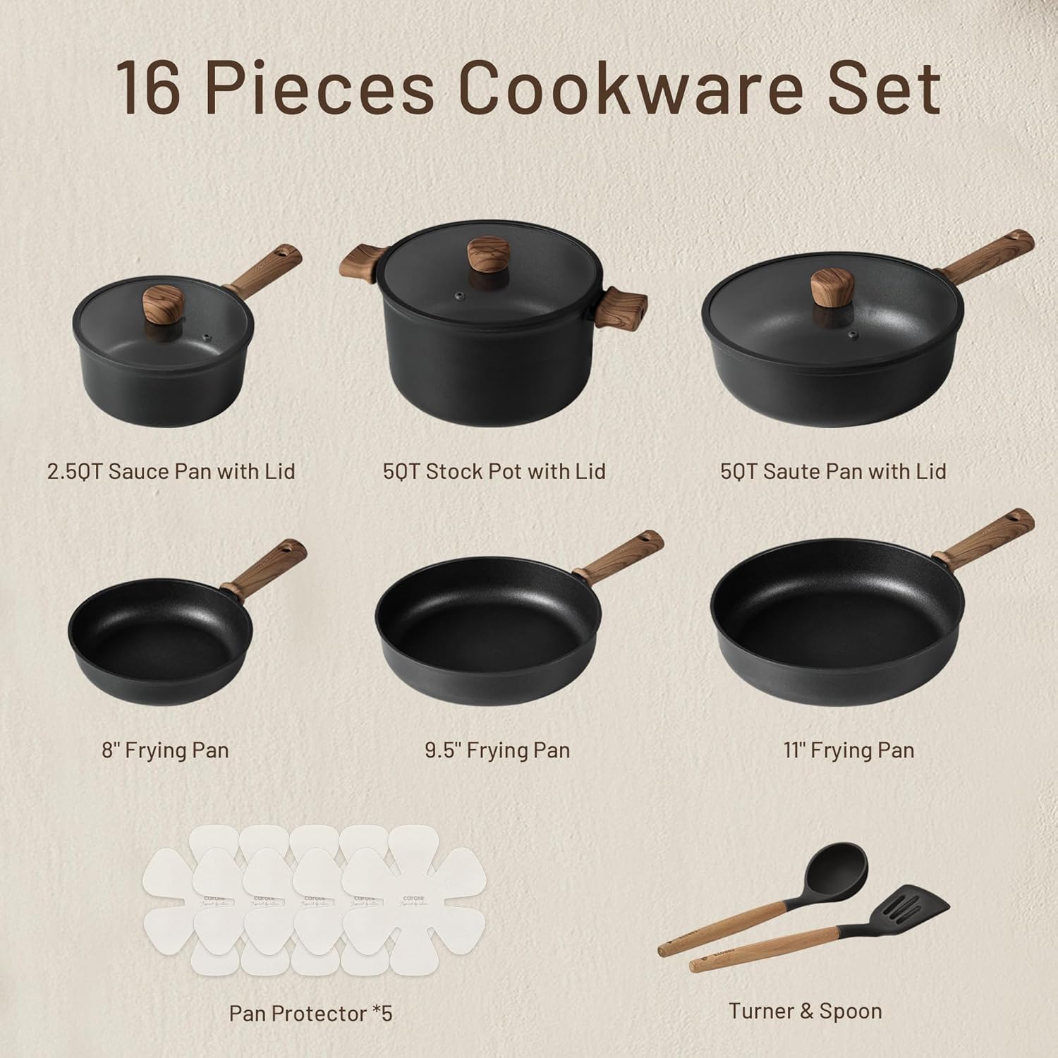 CAROTE Nonstick Pots and Pans, Induction Cookware Set Kitchen Cooking Sets, Non Stick w/Frying Pan (PFOS, PFOA Free), Black, 16pcs - Image 2