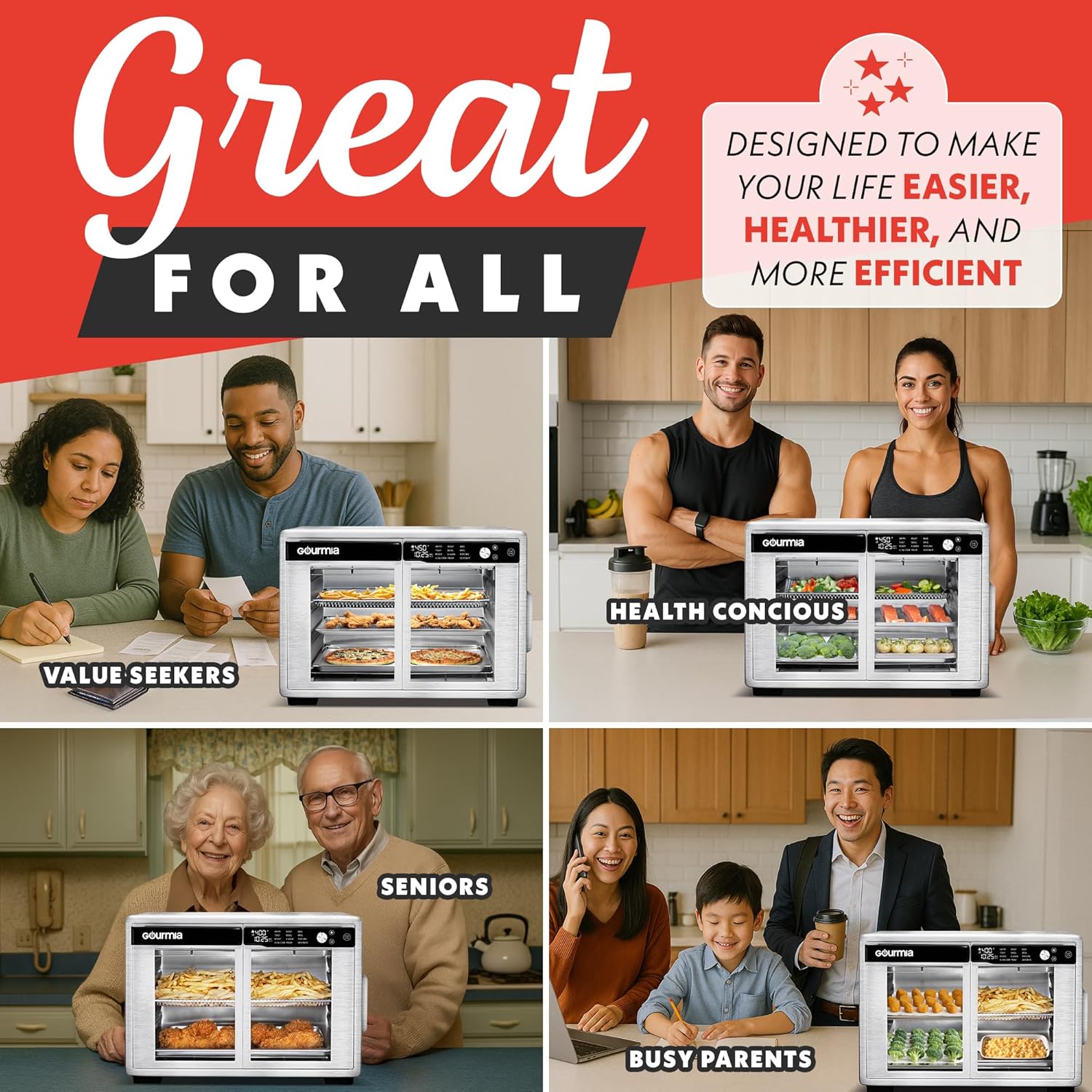 Gourmia French Door Air Fryer Oven - 37 Qt Large Capacity Convection Toaster Oven, FryForce 360°, Digital Display, 12 Cooking Presets, Dehydrate, Fits 13” Pizza, Dishwasher-Safe, Stainless Steel - Image 8