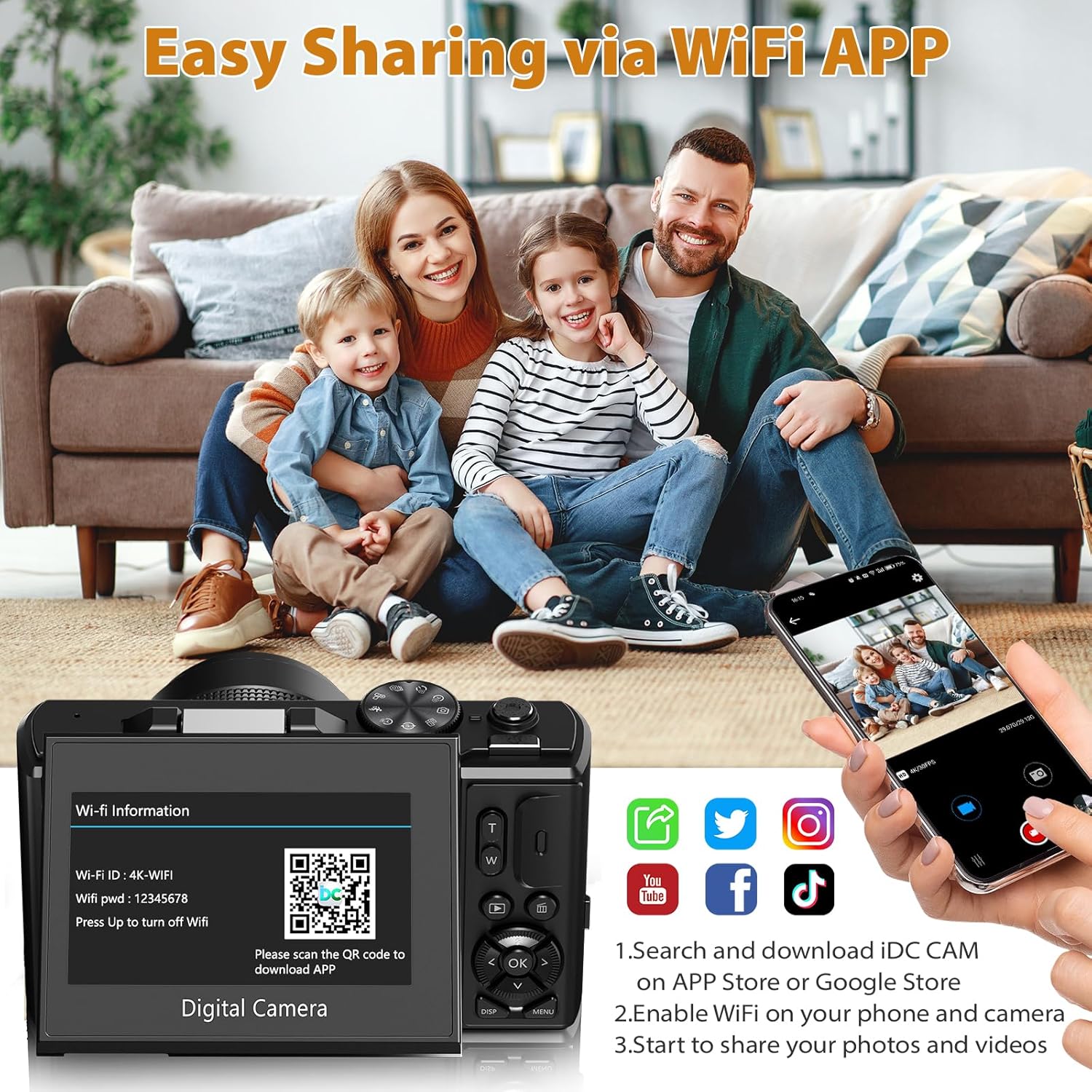 4K Digital Camera for Photography, 4K 64MP Vlogging Camera for YouTube with 3" 180° Flip Screen, Compact WiFi Camera with 18X Digital Zoom, 32GB Micro SD Card & 2 Batteries, Black - Image 7