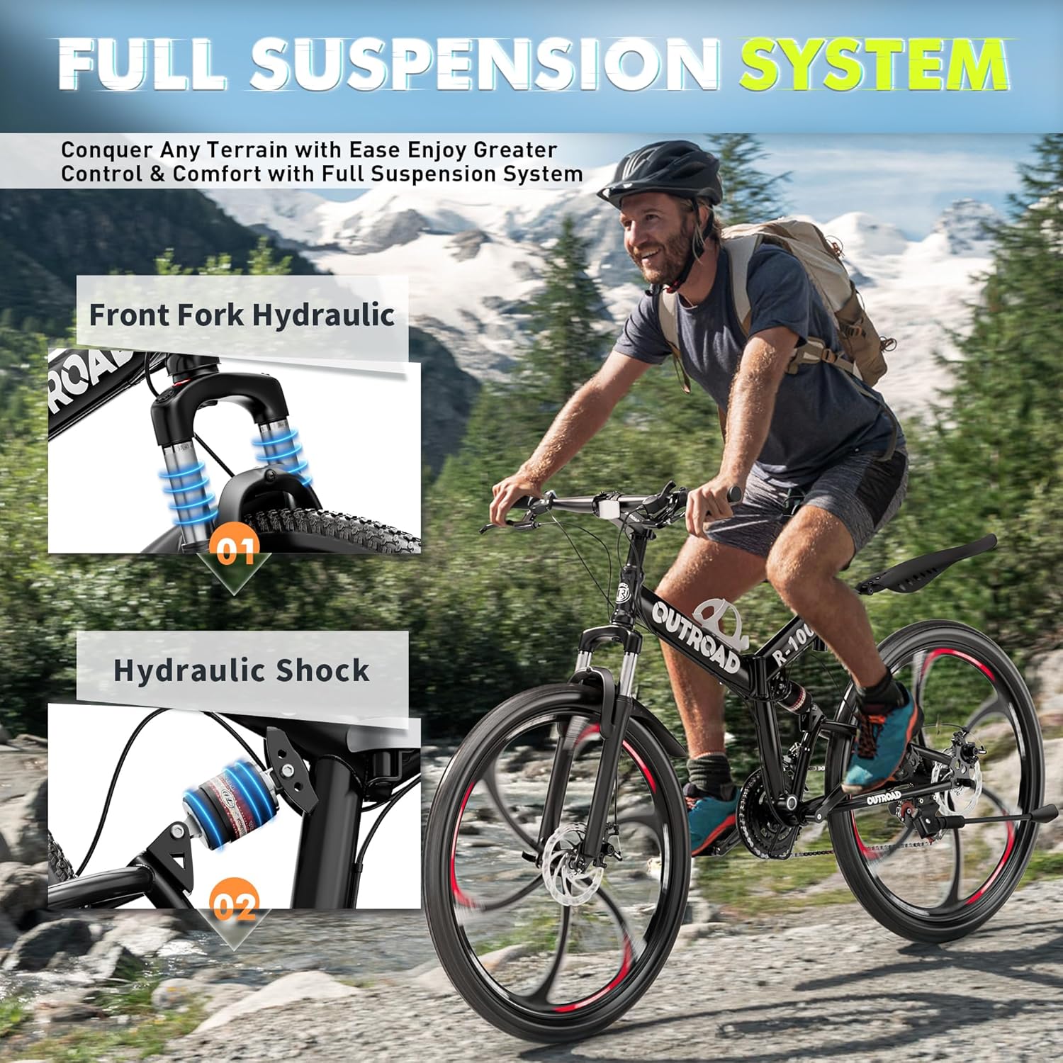 26 Inch Folding Mountain Bike, 21 Speed Full Suspension Bicycle with High-Carbon Steel, Dual Disc Brake Non-Slip Quick Release tire Folding Bicycle for Adults/Men/Women - Image 7