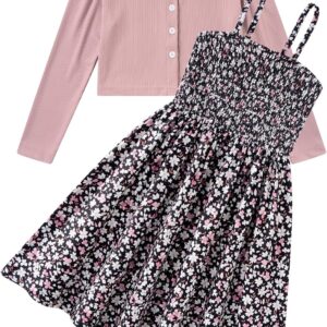 RAISEVERN Girls Casual Adjustable Strap Sleveless Dress Cardigan Set Size 5-12Y