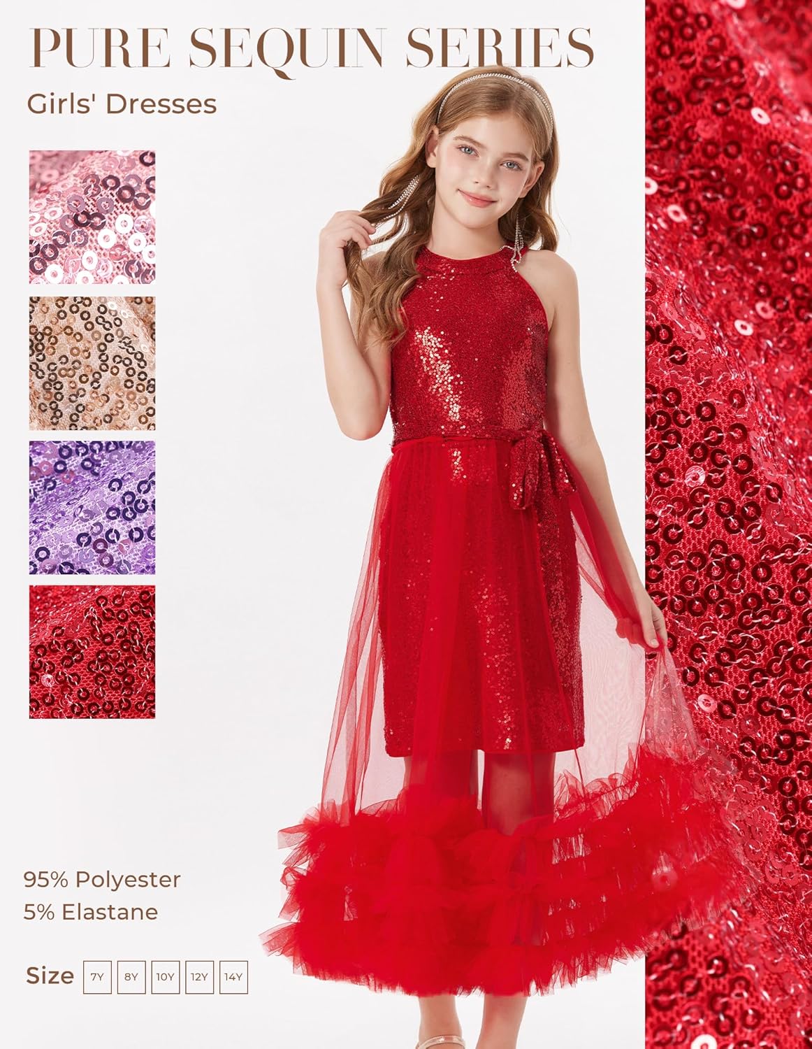 GRACE KARIN Girls Sequin Party Dress Formal Sparkly Pageant Tulle Maxi Teen Prom Halter Dresses for 7-14 Years - Image 3