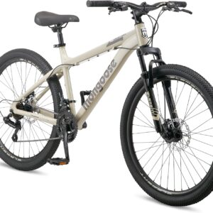 Mongoose Grafton Mountain Bike, 24, 26 or 27.5 Inch Bike, 21 Speed, Aluminum Frame, Knobby Mountain Tires, Suspension Fork, Trigger Shifters, Mechanical Disc Brakes, Teal, Tan, Blue or Purple | Trigger Shifter, Aluminum Frame, Front Suspension
