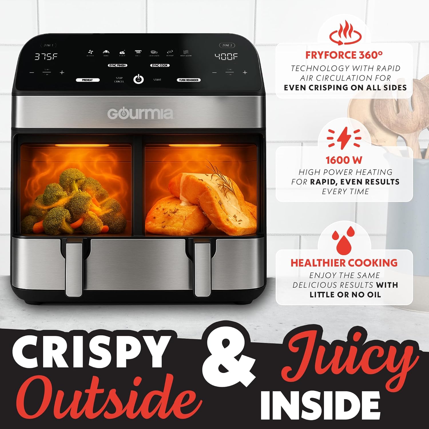 Gourmia Dual Basket Air Fryer - 10 Qt Large Capacity, FryForce360º, Digital Display with 7 Presets, Roast, Bake, Broil, Dehydrate, Match Cook, Sync Finish, Dishwasher Safe Accessories, Black - Image 4