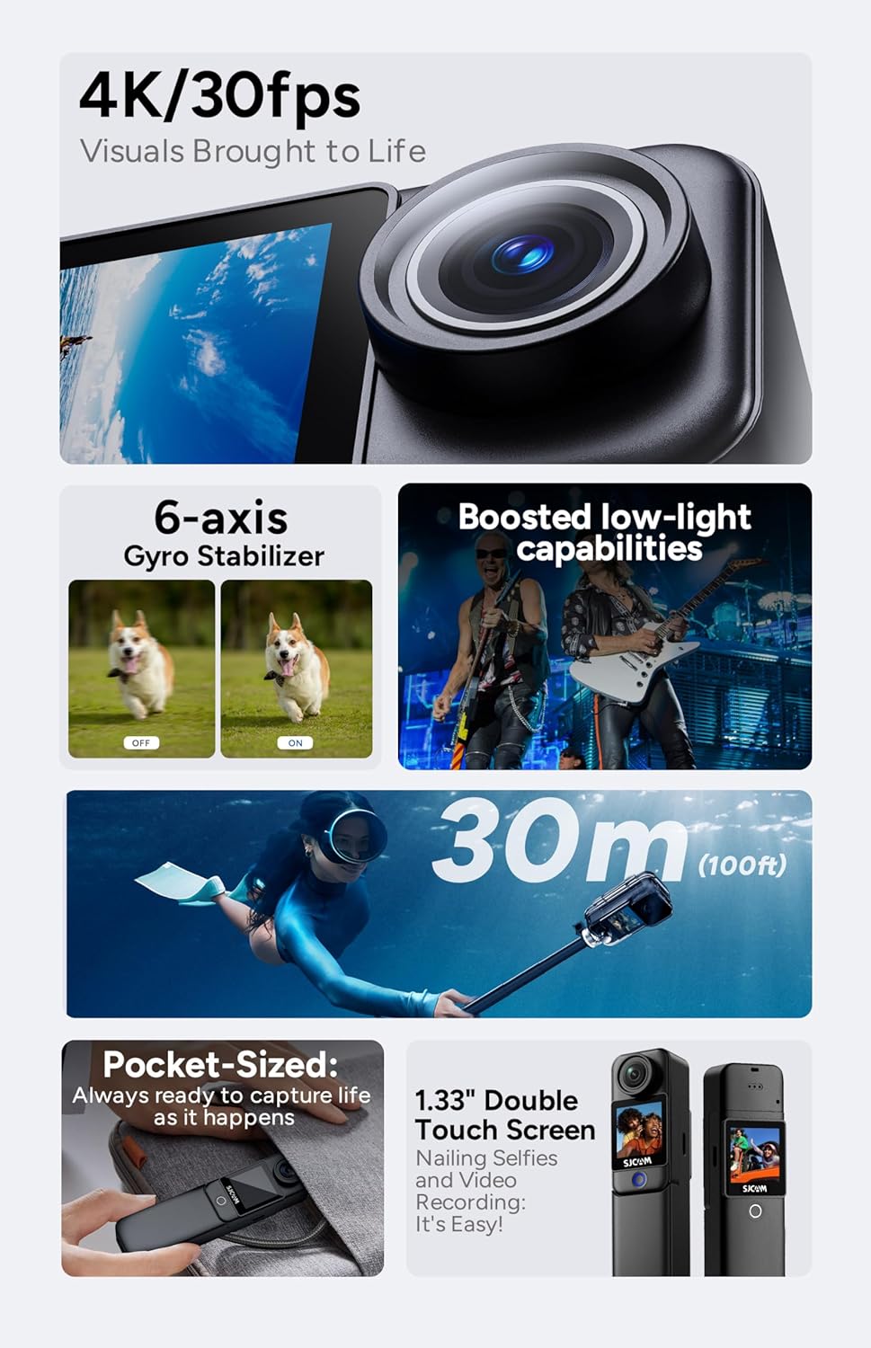 SJCAM C300 2IN1,4K Pocket Handheld Travel Camera,7Hour Power,154° Wide FOV Video Recording,6-Axis Stabilization,Dual-Touch Screen Body Camera,30M Waterproof,for YouTube Creators,Black 64G Card,Gifts - Image 2