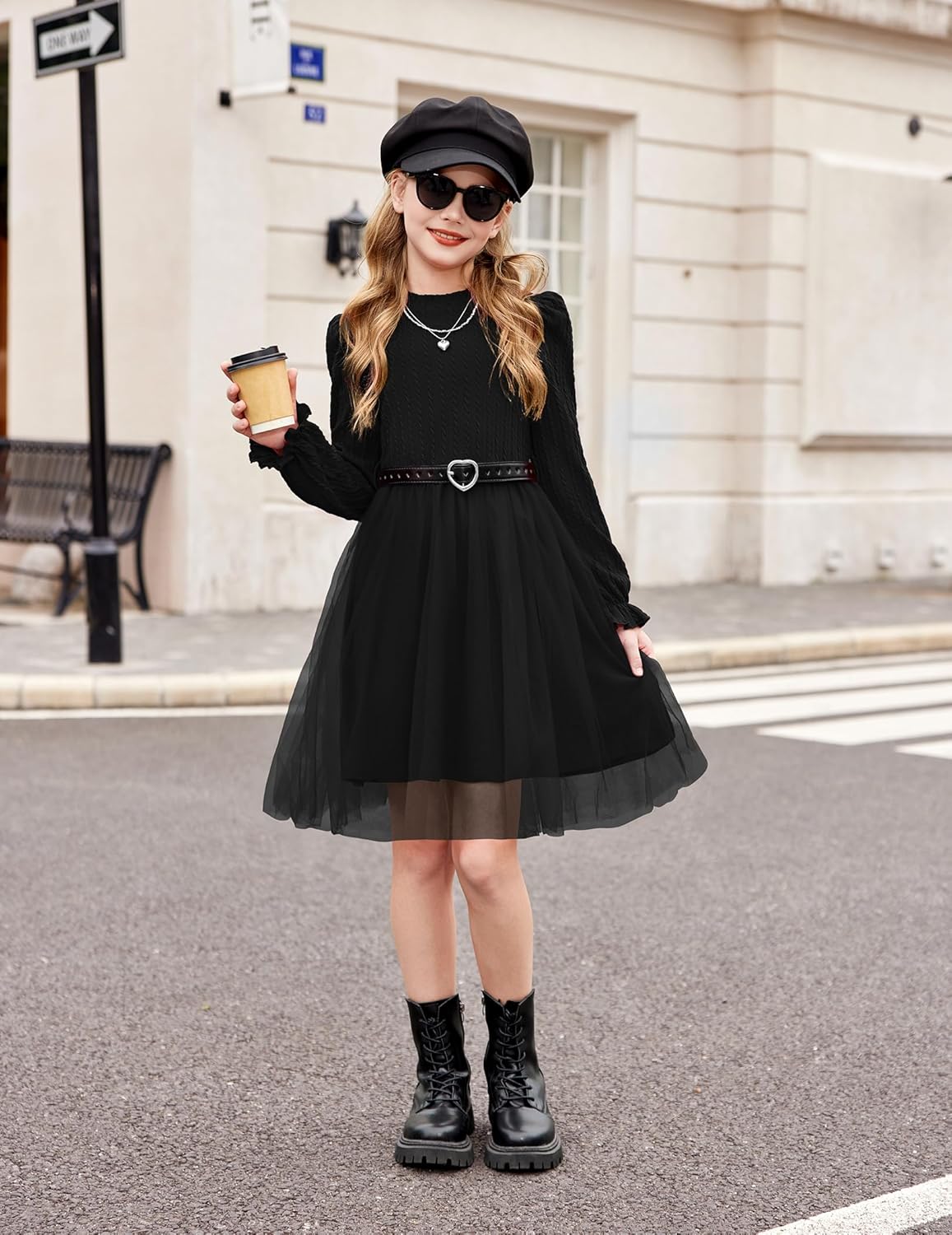 Arshiner Girls Tulle Dress Puff Long Sleeve Mock Neck Cable Knit Sweater Formal Casual Fall Winter Tutu Dresses with Belt - Image 3