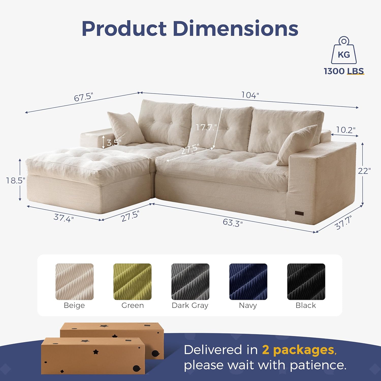 MAXYOYO 104" L Shaped Modular Sectional Sofa with Ottoman, Cloud Boneless Couch with Layered Cushion, Upholstered Sofa in a Box, Flexible Module Combination for Living Room, No Assembly, Beige - Image 2