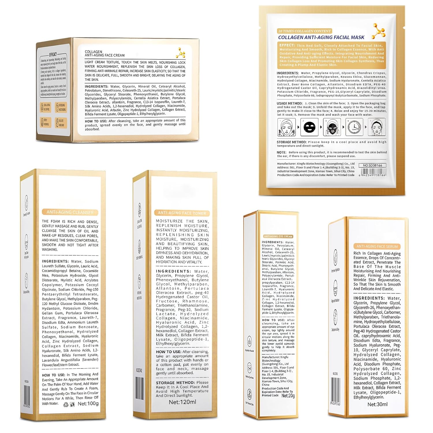 Collagen Skin Care Set, Anti Aging Skincare Set for Wrinkles & Fine Lines, Shrink Pores, Hydrate & Firm Skin, 7 Pcs Skincare Kits for Women with Cleanser, Toner, Serum, Cream, Eye Cream, 2 Pcs Masks. - Image 9