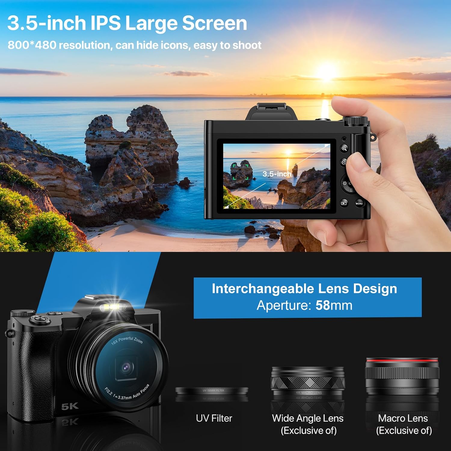 5K Digital Camera WiFi Autofocus Vlogging Camera for YouTube 48MP Camera for Photography and Video, 3.5" Screen Travel Cameras with UV Filter, Anti-Shake,16X Digital Zoom,32GB SD Card,2 Batteries - Image 6