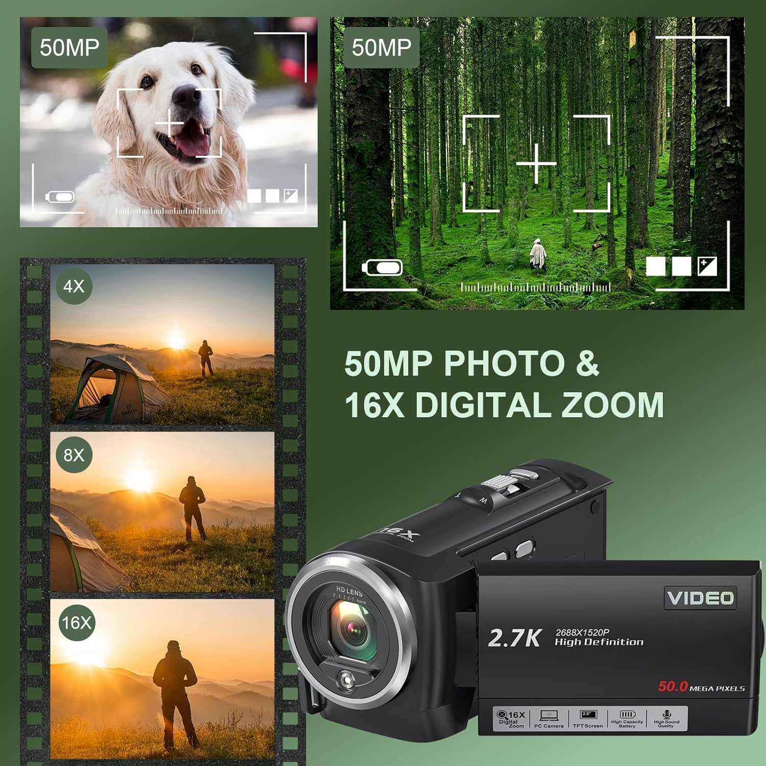 2.7K Video Camera Camcorder 16X Digital Zoom QHD 50MP YouTube Vlogging Camera Webcam 270 Degree Rotation Screen Camcorders with 32G SD Card and 2 Batteries Recording While Charging - Image 3