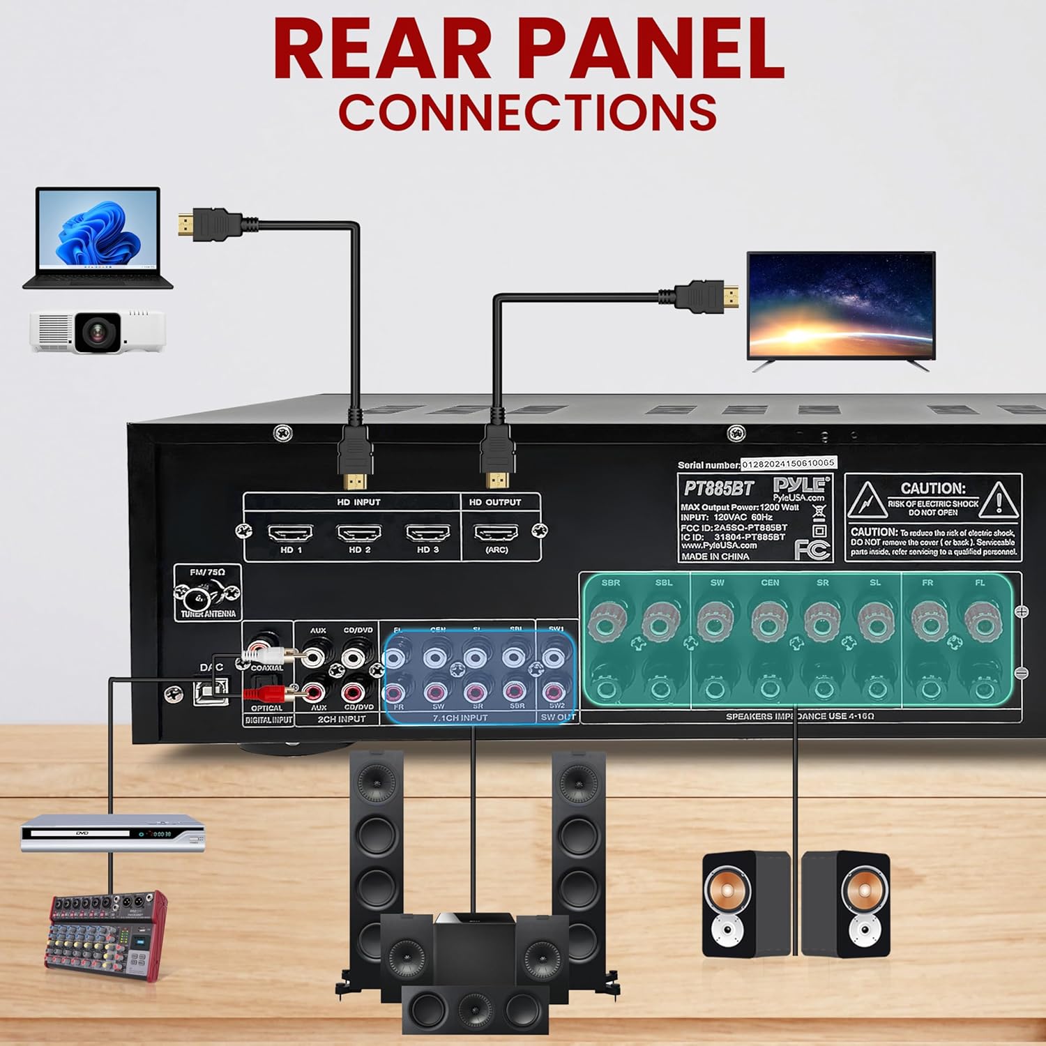 Pyle Bluetooth Home Theater Receiver Hi Fi Stereo System - 7.2 Channel Surround Sound Amplifier Entertainment System with ARC Support, MP3/USB/DAC/FM Radio, PMPO: 1200MAX - PT885BT - Image 3