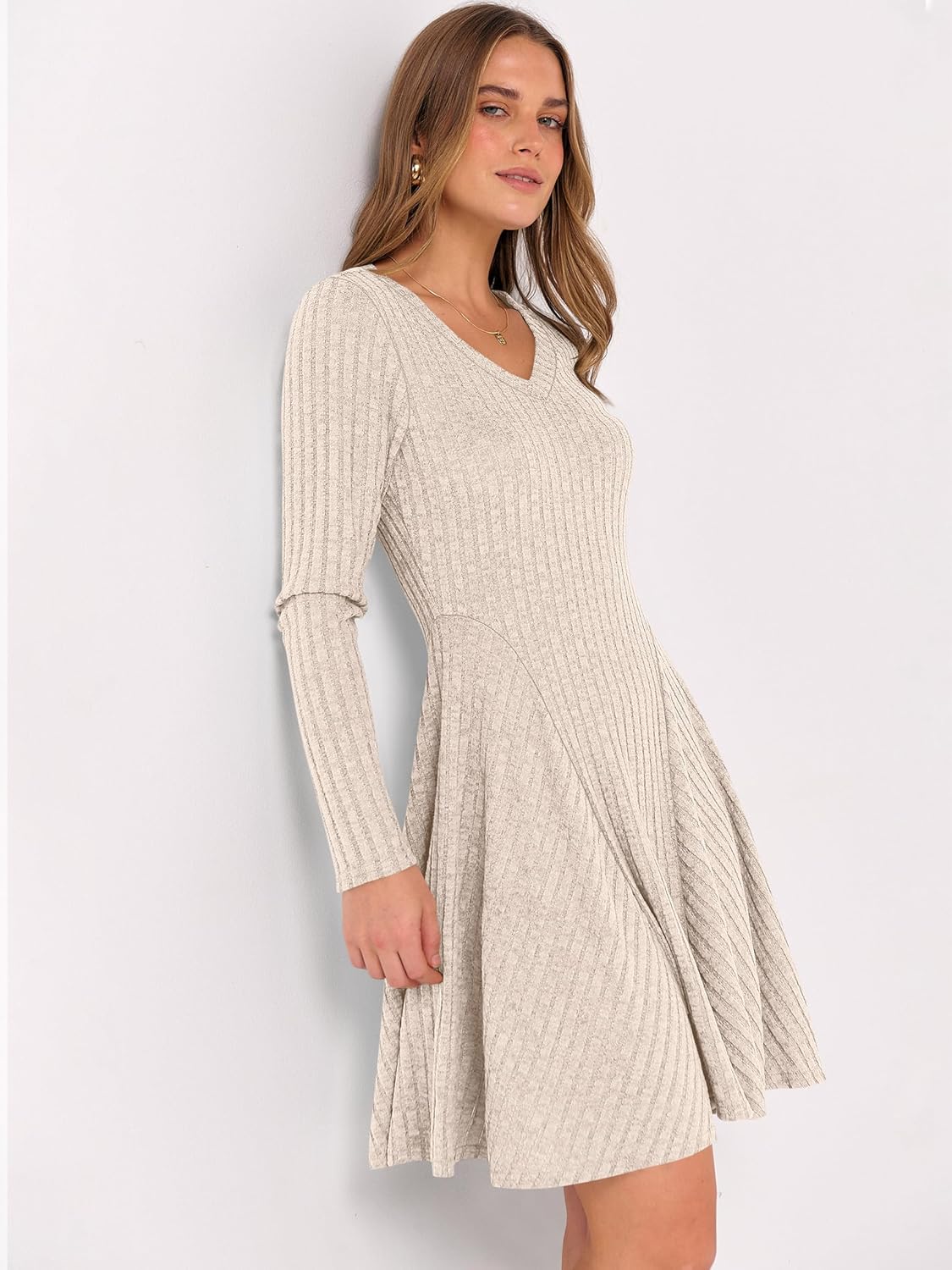 ANRABESS Women Long Sleeve Ribbed Knit Short Dresses 2025 Fall Winter V Neck Casual Swing A Line Sweater Dress - Image 5