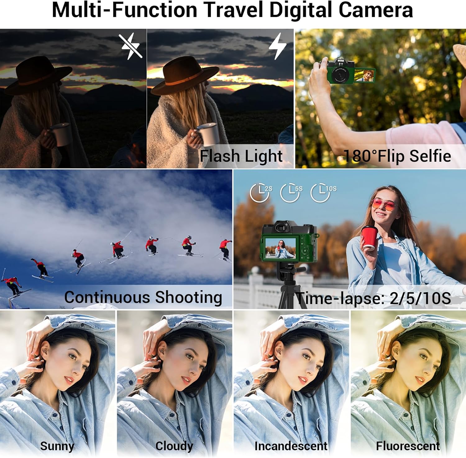 4K Digital Camera for Photography Autofocus 75MP 16X Digital Zoom with 3'' 180° Flip Screen Vlogging YouTube Video Students Compact Cameras with 2 Batteries 64GB Micro SD Card(DeepGreen) - Image 7