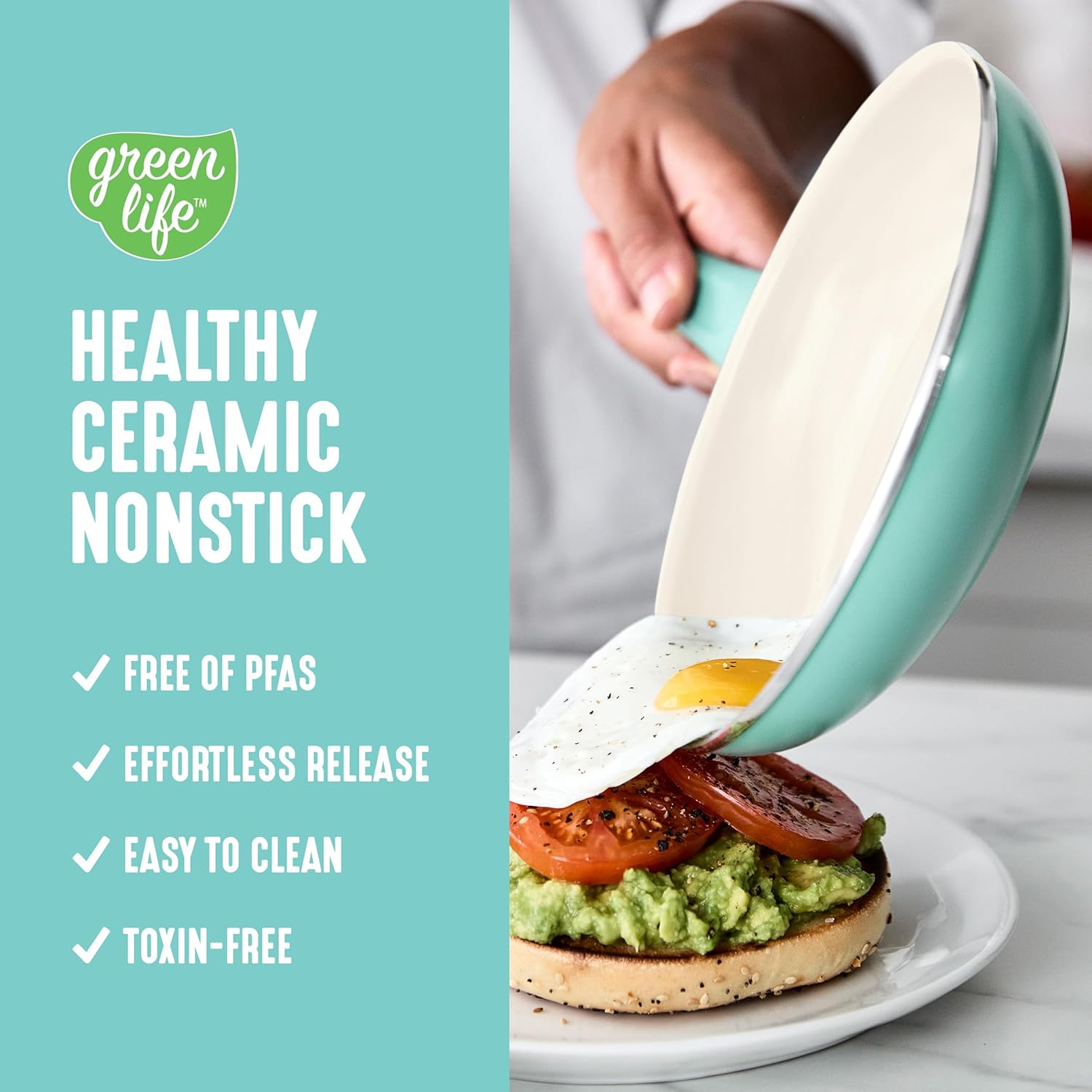 GreenLife Soft Grip 16 Piece Cookware Set, Non-Toxic PFAS-Free Ceramic Nonstick, Pots, Frying, Sauce, Saute, Glass Lids, Stay-Cool Handles, Wobble Free Bases, Dishwasher & Oven Safe, Turquoise - Image 2