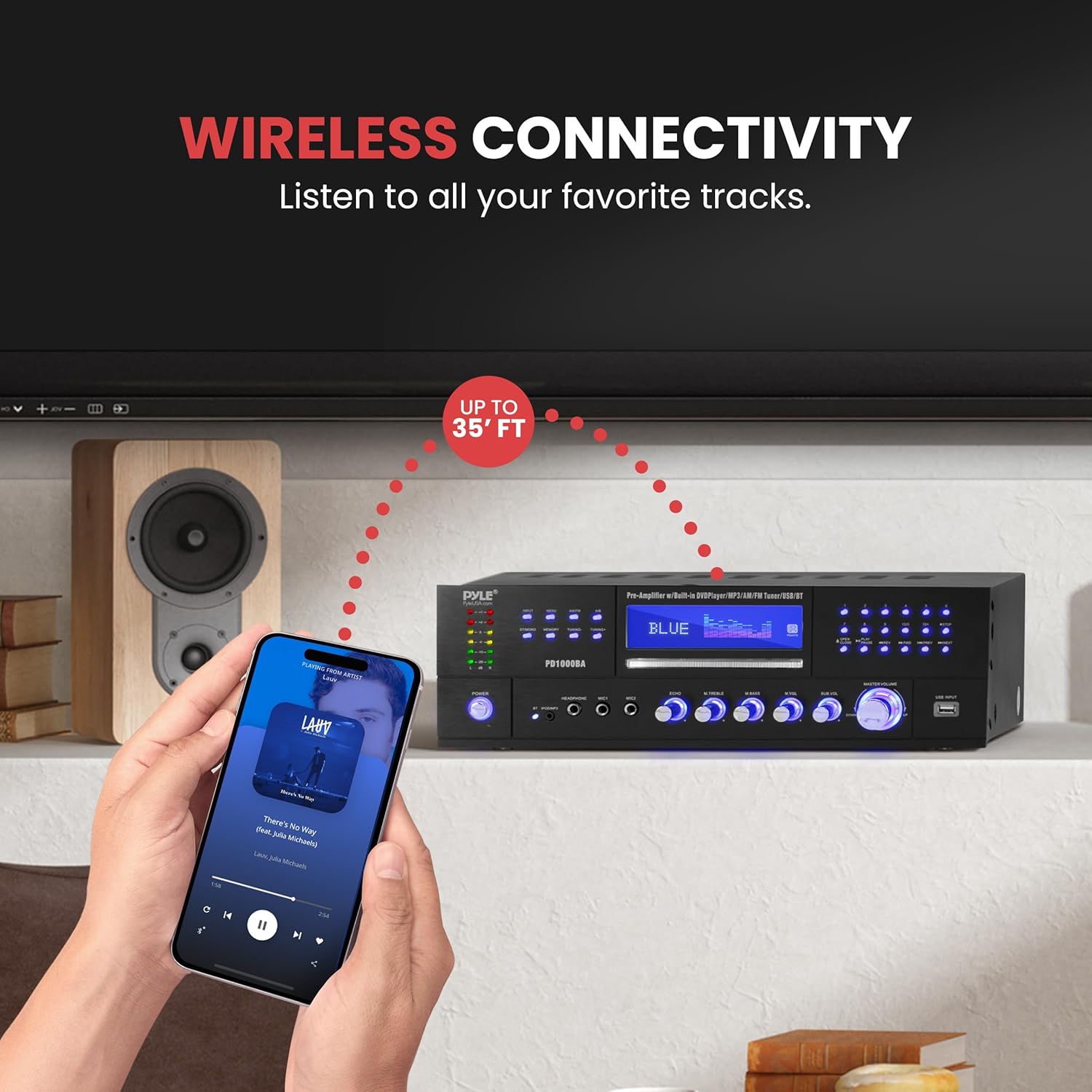 Pyle 4-Channel 1000W Power Amplifier with Bluetooth - Wireless Stereo Home Audio Receiver w/ Front Loading CD DVD Player, FM Radio, USB-A, Headphone, 2 Microphone w/ Echo, LED, Rack Mount - PD1000BA - Image 5