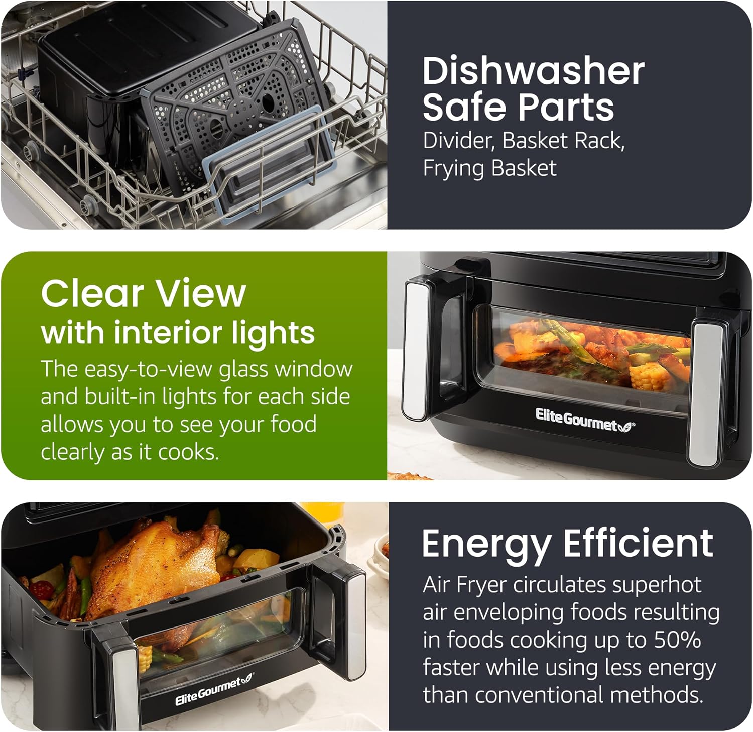 Elite Gourmet Dual Zone Air Fryer Oven, 11QT Capacity with Divider, PFAS Free Nonstick, SYNC FINISH, 10 Preset Functions, Bake, Roast, Broil, Air Fry, Toast, Dehydrate, 1600W, with 25 Recipes, Black - Image 6