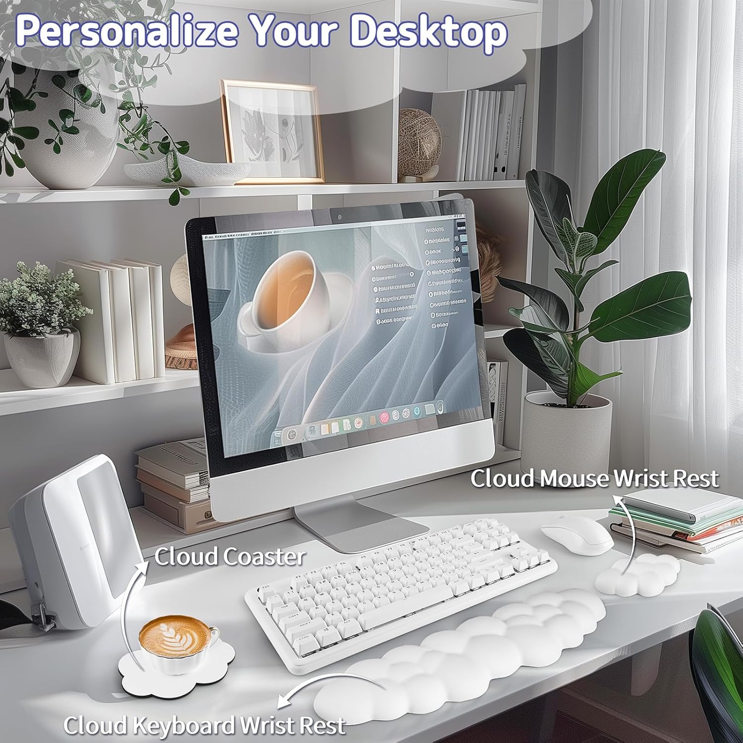 Cloud Wrist Rest Keyboard, Cloud Keyboard Wrist Pad Set with PU Leather Memory Foam, Cute Arm Rest for Palm Support, PC/Gaming Desk Accessories/Office Setup/Computer Hand Cushion - White - Image 2