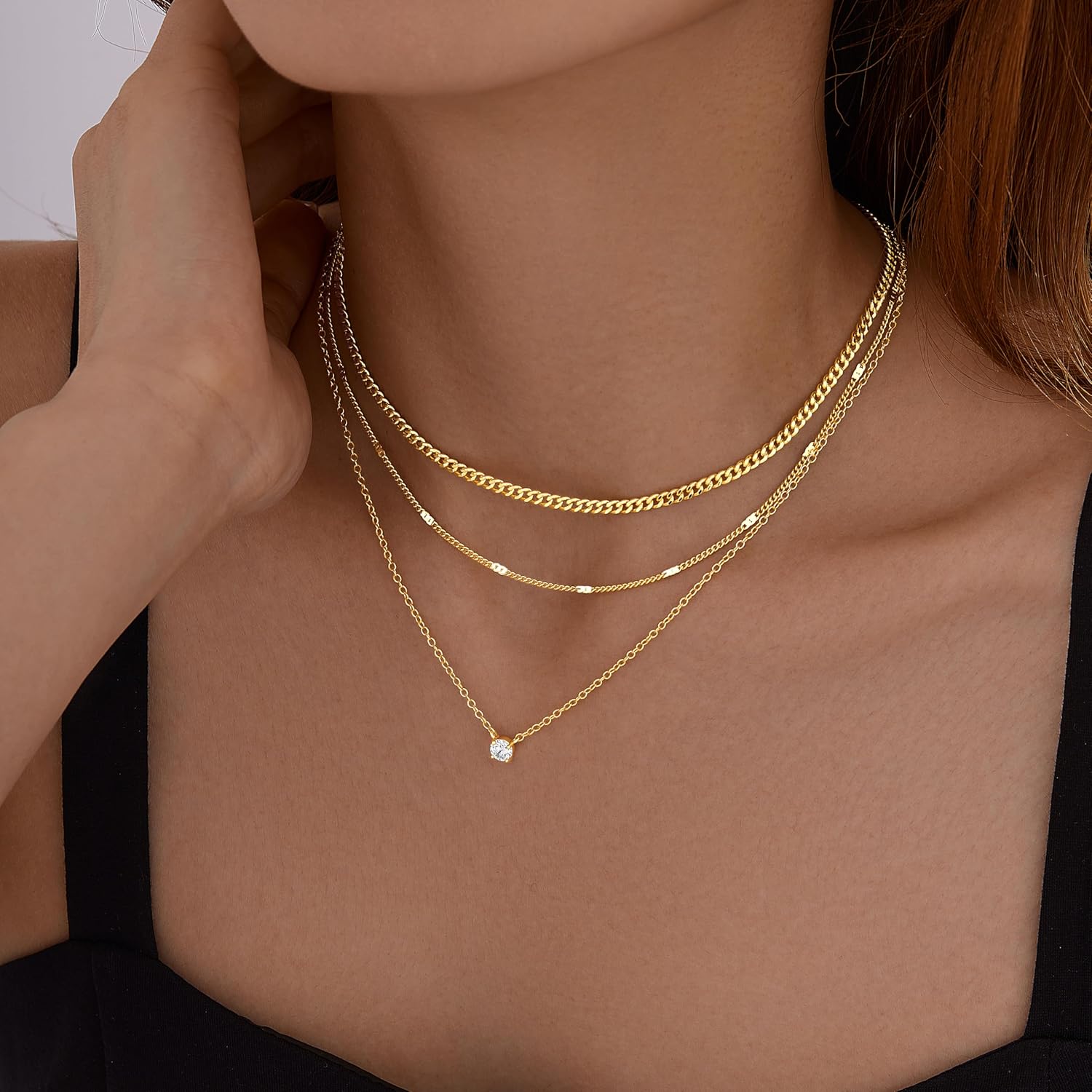 WomenGifts Layered Gold Necklaces for Women, 14K Gold Sterling Silver Plated Dainty Pendant Necklace Set with Cubic Zirconia Circle, Chunky Stackable Cuban Chain Choker, Trendy Holiday Waterproof Jewelry Gift - Image 2