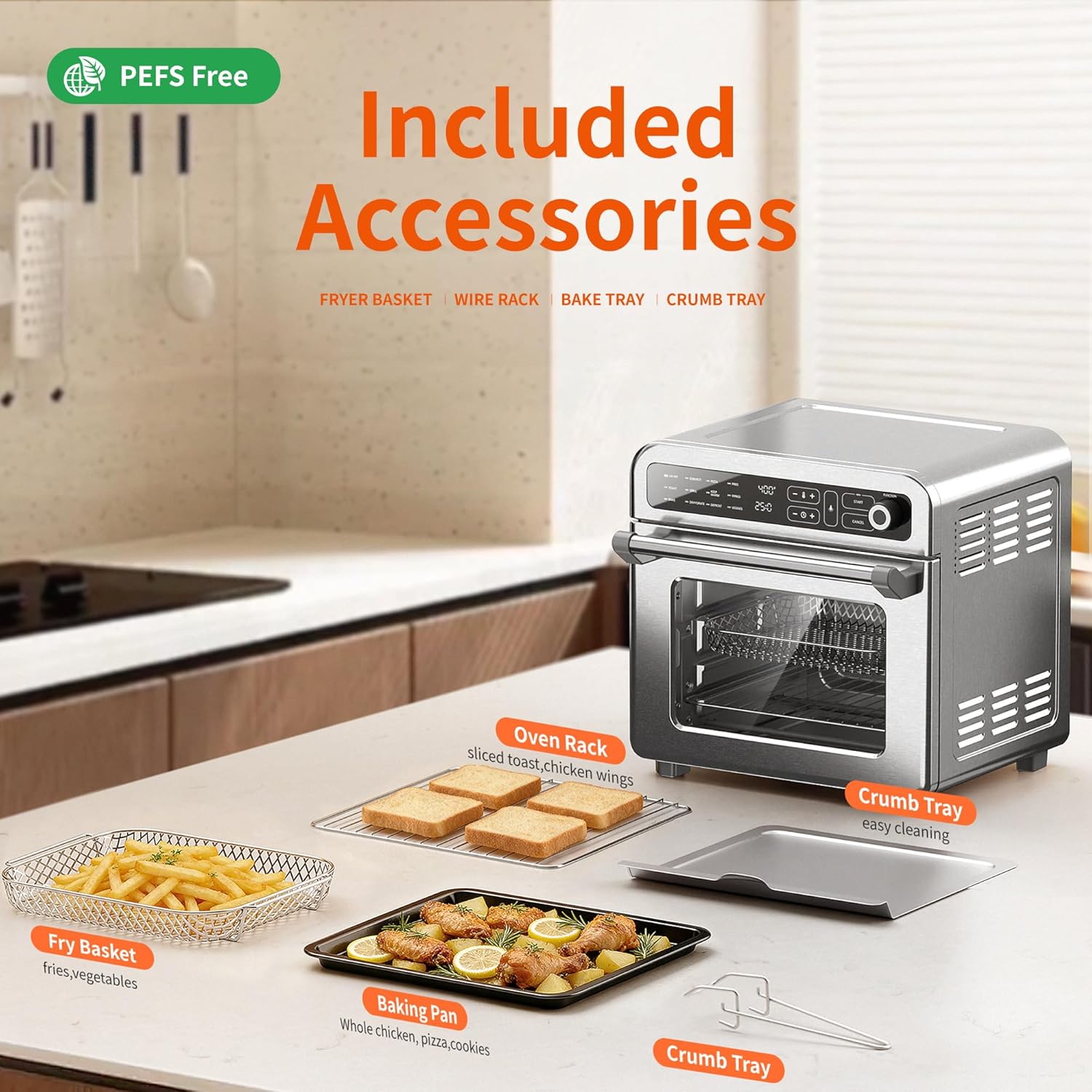 18QT Air Fryer Toaster Oven Combo, 12-in-1 Large Convection Airfryer Oven with 70–450℉ Temperature Control & 60-Minute Timer, Bake, Roast & Broil, Fits 8-10″ Pizza, Stainless Steel (Silver) - Image 7