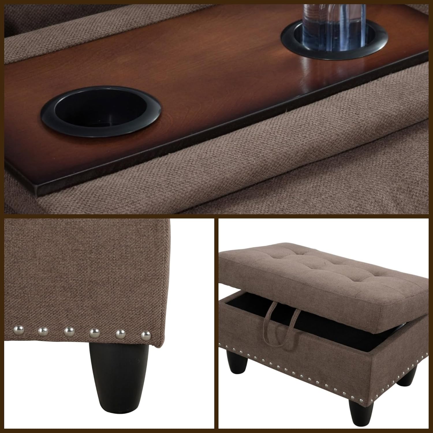 L-Shaped Sectional Sofa with Movable Chaise & Storage Ottoman, Lounge 3-Piece Modular Convertible Couches for Living Room, Apartment & Office, Brown - Image 5