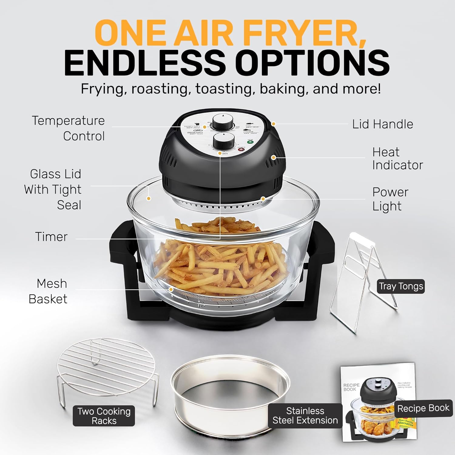 Big Boss 16Qt Large Glass Air Fryer Non Toxic – Family Sized Large Halogen Oven Cooker with 3 Cooking Sections, Stainless Steel Racks, French Fries, Chicken, No Preheat, Self Cleaning, Dishwasher Safe - Image 8