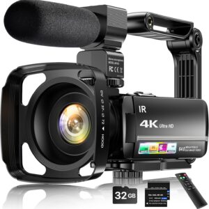 4K Video Camera Camcorder 64MP Vlogging Camera for YouTube 3.0″ Touch Screen 18X Digital Zoom IR Night Vision with External Stereo Microphone,Remote,Lens Hood,Handheld Stabilizer,32G Card &2 Batteries