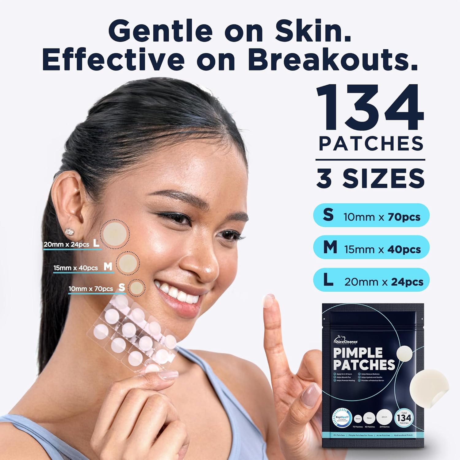 Pimple Patches for Face - 134 Count Hydrocolloid Acne Patches - Zit, Blemish, Cystic Acne Dots & Dark Spot Treatment - Invisible Clear Pimple Patch Stickers for Forehead, Chin, Nose, 3 Sizes (S, M, L) - Image 3
