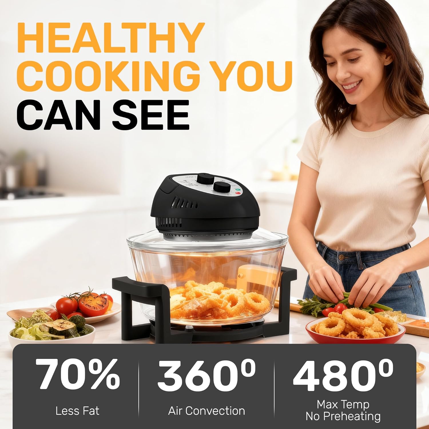 Big Boss 16Qt Large Glass Air Fryer Non Toxic – Family Sized Large Halogen Oven Cooker with 3 Cooking Sections, Stainless Steel Racks, French Fries, Chicken, No Preheat, Self Cleaning, Dishwasher Safe - Image 2
