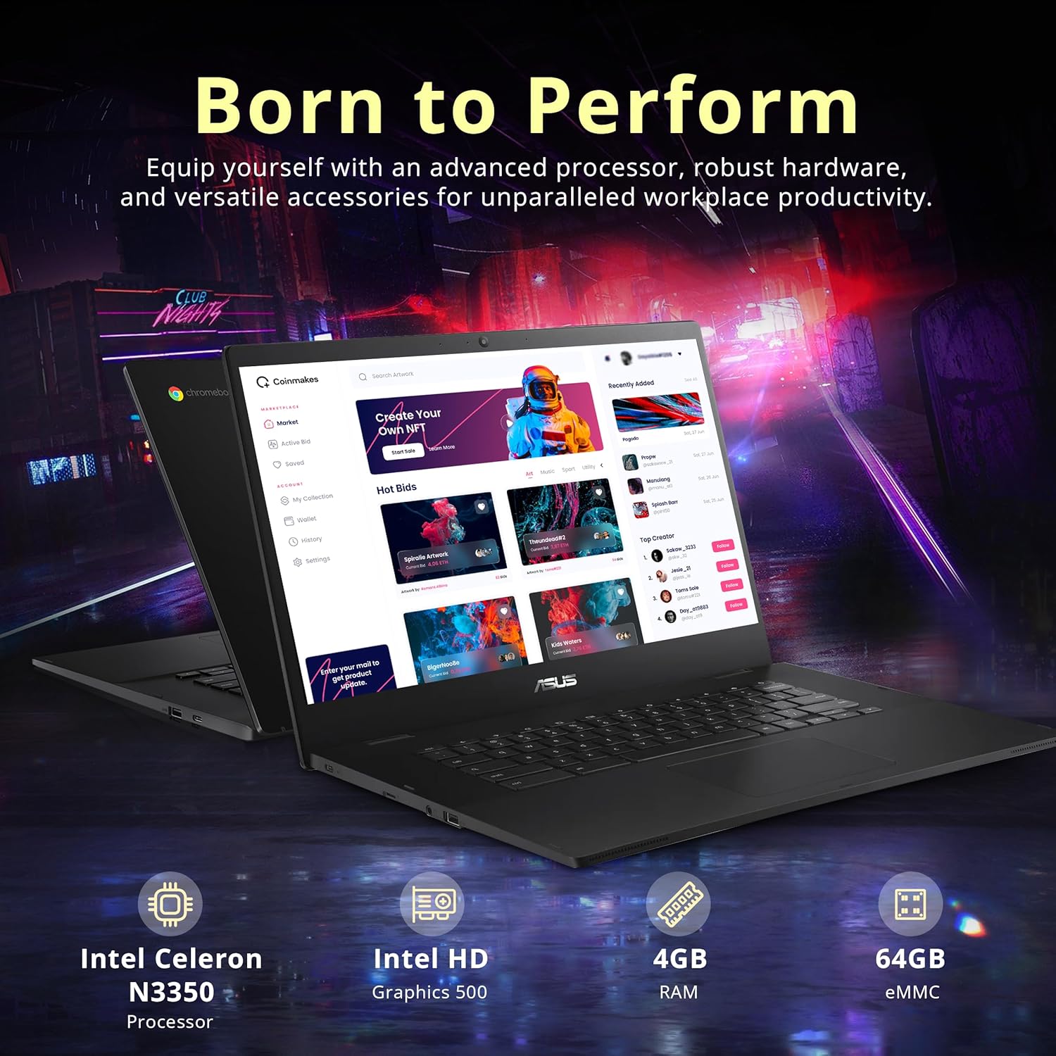 ASUS CX1500CNA Chromebook 15.6" HD Laptop, Intel Celeron N3350 Processor, 4GB RAM, 64GB eMMC Flash Memory, Intel HD Graphics, HD Webcam, Stereo Speakers, Chrome OS, Black, (renewed) - Image 2