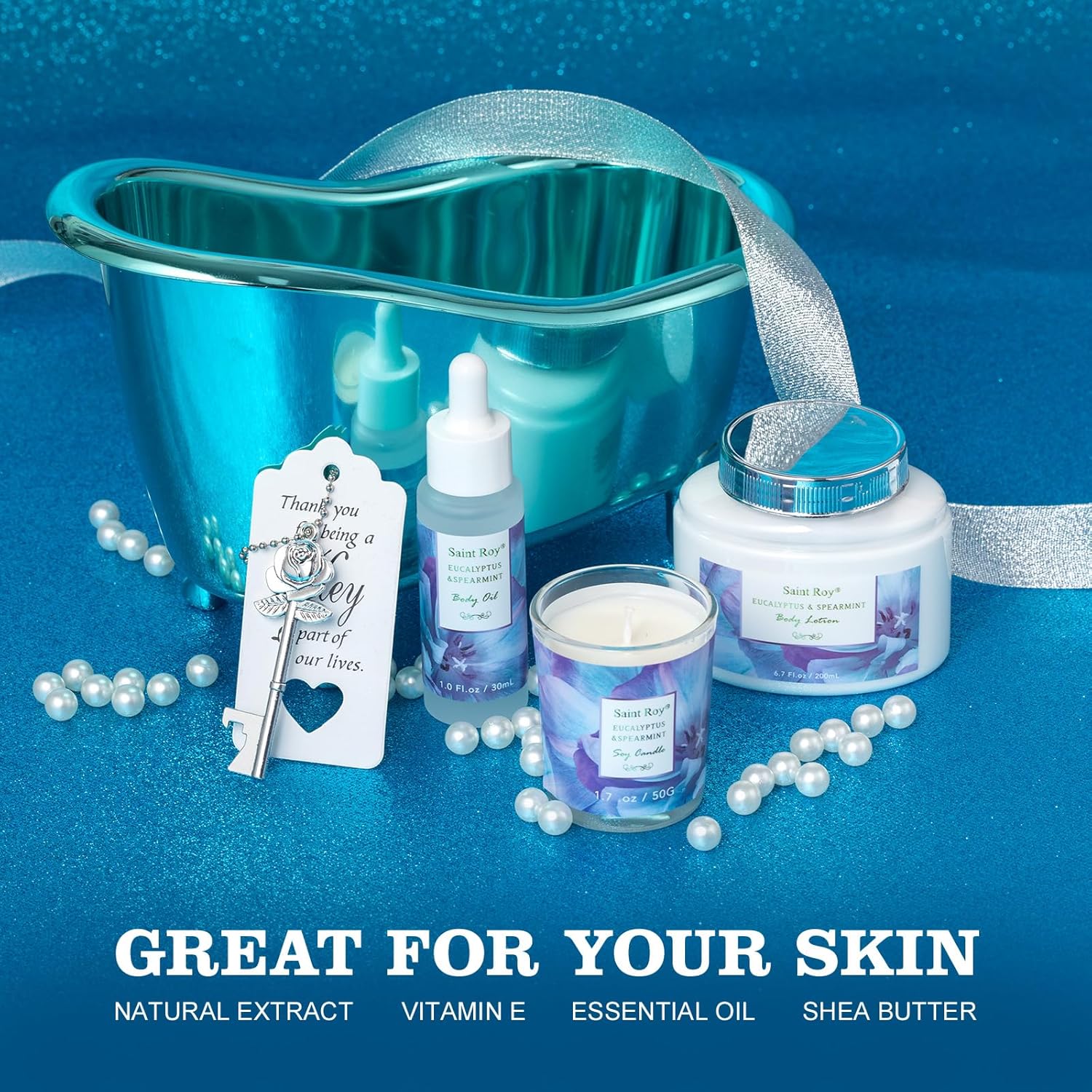 Bath and Body Basket Set Luxury EUCALYPTUS & Mint Spa Gift Basket for Women, Unique Bath Gift Baskets Gifts, Home Spa Kit Christmas Gifts for Women, birthday gift baskets for Dad Mother's Day - Image 8