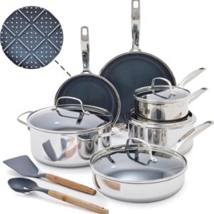 Blue Diamond Hybrid Nonstick Stainless Steel 12 Piece Cookware Set, Tri-Ply PFAS-Free Ceramic Diamond Bond Pots & Pans, Dishwasher & Oven Safe to 850F, Induction Ready, Metal Utensil Safe, Silver
