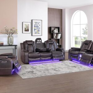 Ball & Cast Power Recliner Sofa Set Leather Reclining Sofa Set Living Room Furniture Set 3PCS Recliner Couch Loveseat & Chair Sets with Coffee Table,Reading Light,Cup Holders for Home Theater Seating