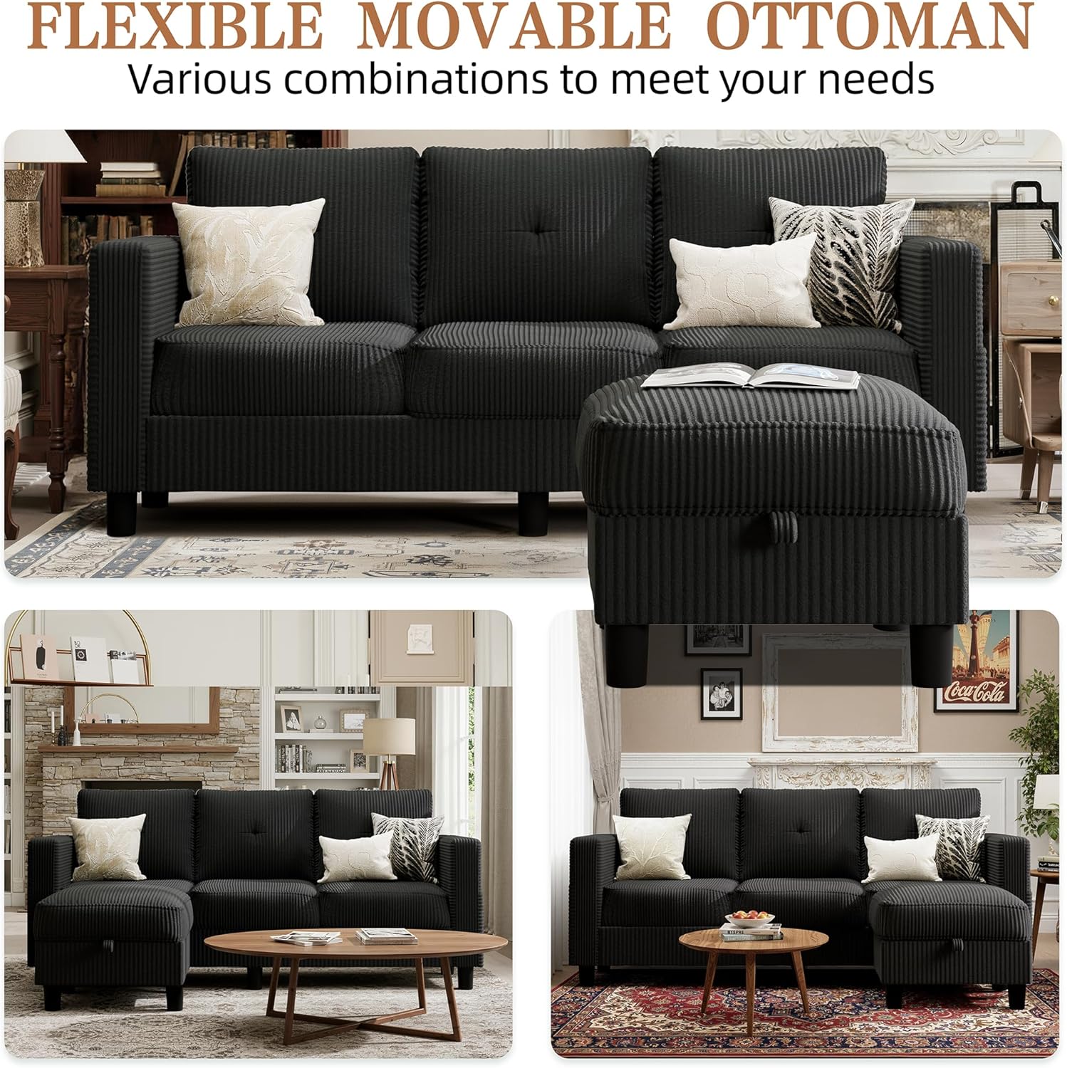 Shintenchi 76" Modern Upholstered Sectional Sofa, L-Shaped Couch with Storage Ottoman and Reversible Chaise for Living Room, Black Corduroy Fabric - Image 4