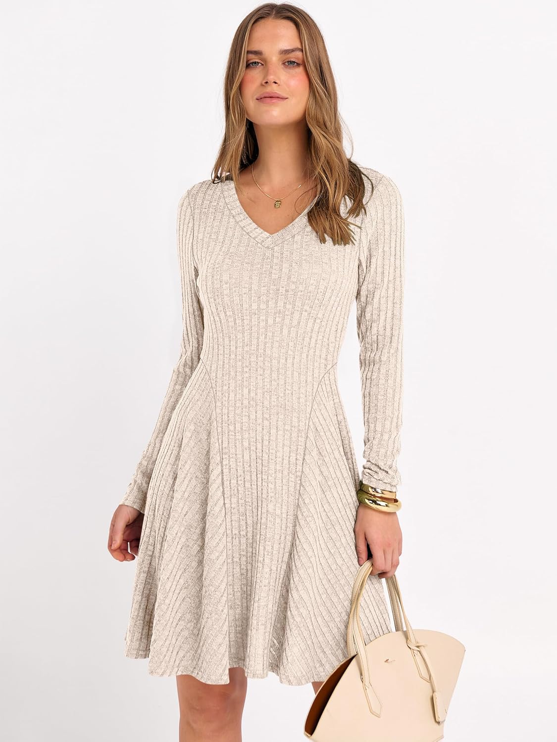 ANRABESS Women Long Sleeve Ribbed Knit Short Dresses 2025 Fall Winter V Neck Casual Swing A Line Sweater Dress - Image 6