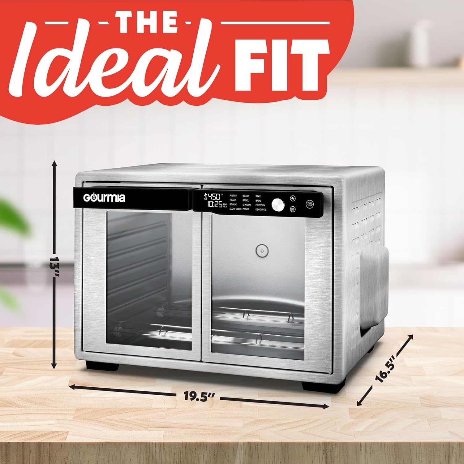 Gourmia French Door Air Fryer Oven - 37 Qt Large Capacity Convection Toaster Oven, FryForce 360°, Digital Display, 12 Cooking Presets, Dehydrate, Fits 13” Pizza, Dishwasher-Safe, Stainless Steel - Image 9