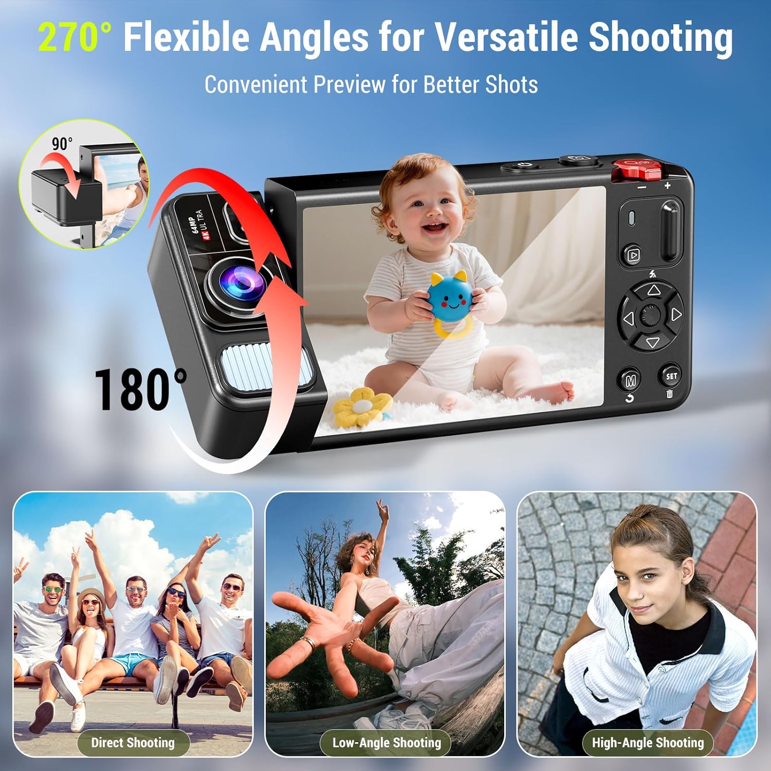 Digital Camera, 4K 64MP Cameras for Photography, 270°Flip Screen Vlogging Camera, Autofocus, Flash, 18X Zoom, 2 Batteries, 64GB Card, Point and Shoot Digital Cameras for Kids Teens, Black - Image 3