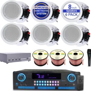 Home Theater System Kit – 2000 Watts Bluetooth Amplifier w/ 6 Qty of 8″ Framed Ceiling Speakers 300 W Each, 4-Ch Speaker Selector, Mic, 300 ft Speaker Wire & Remote by Vaiyer