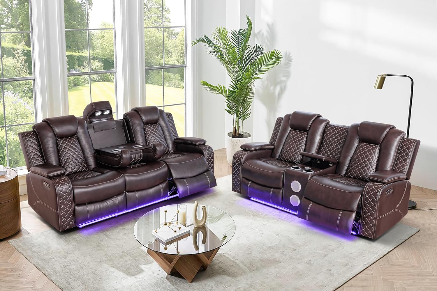 Ball & Cast Power Recliner Sofa Set Leather Reclining Sofa Set Living Room Furniture Set 3PCS Recliner Couch Loveseat & Chair Sets with Coffee Table,Reading Light,Cup Holders for Home Theater Seating - Image 3