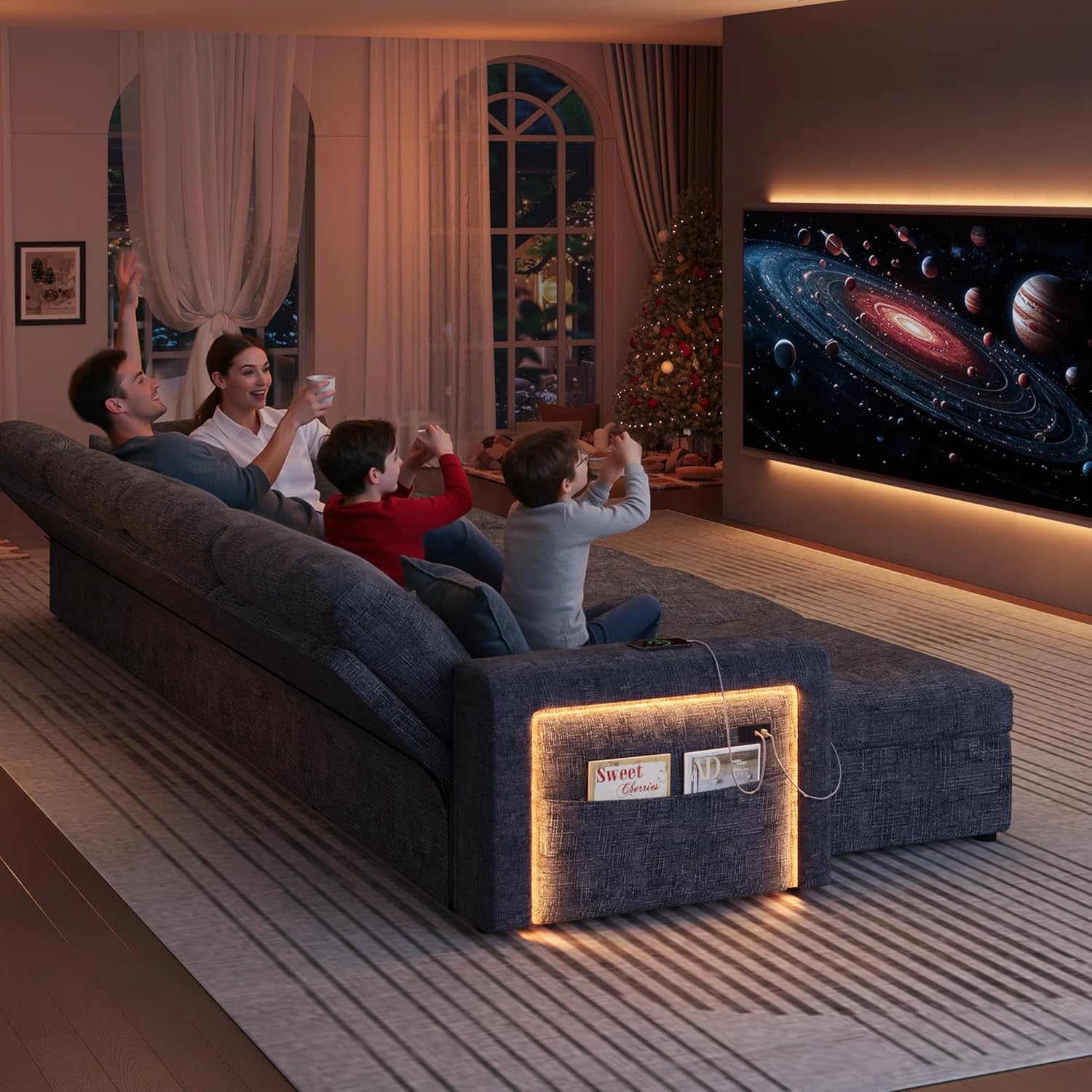 HIFIT 107'' LED Sectional Sleeper Sofa with Pull Out Couch Bed, Convertible U Shaped Couch with Storage Chaise, Adjustable Backrest & USB, Modern Chenille Home Sofa Living Room Furniture Set, Grey - Image 2